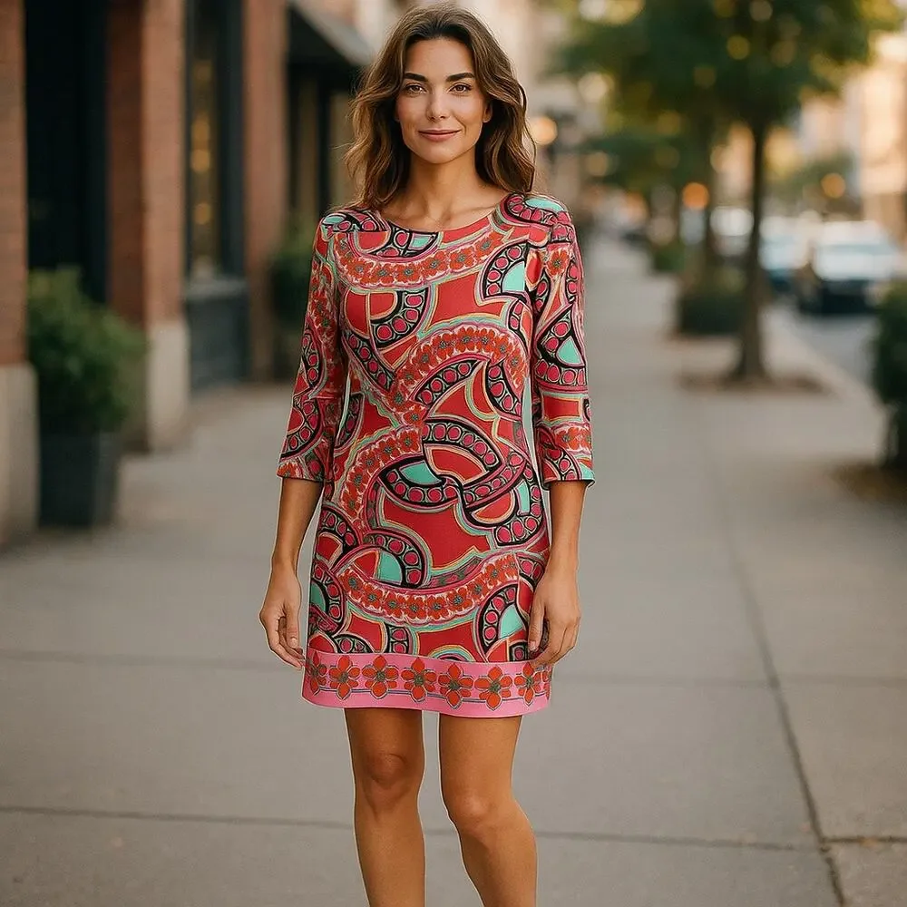 Tracy Negoshian Womens Dress Sz S Bodycon Dolman Sleeve Rust‎ Orange Peach Green - Picture 2 of 7